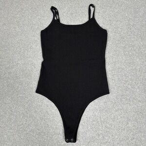 Forever 21 Bodysuit Womens L Black Ribbed Thong Sleeveless Adjustable Straps